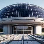 **Architecture:** "A futuristic building designed with AI assistance, showcasing innovative and energy-efficient features, with solar panels integrated seamlessly into the design. The aesthetic should be modern and appealing, demonstrating a blend of human creativity and AI-driven optimization."
